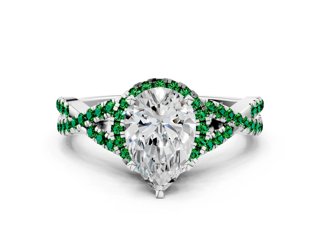 White gold Pear Cut Diamond with Emerald side stone Halo Twist Band Solitaire Prong Setting Ring_24