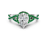 White gold Pear Cut Diamond with Emerald side stone Halo Twist Band Solitaire Prong Setting Ring_24