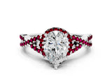 White gold Pear Cut Diamond with Garnet side stone Halo Twist Band Solitaire Prong Setting Ring_12