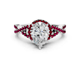 White gold Pear Cut Diamond with Garnet side stone Halo Twist Band Solitaire Prong Setting Ring_36