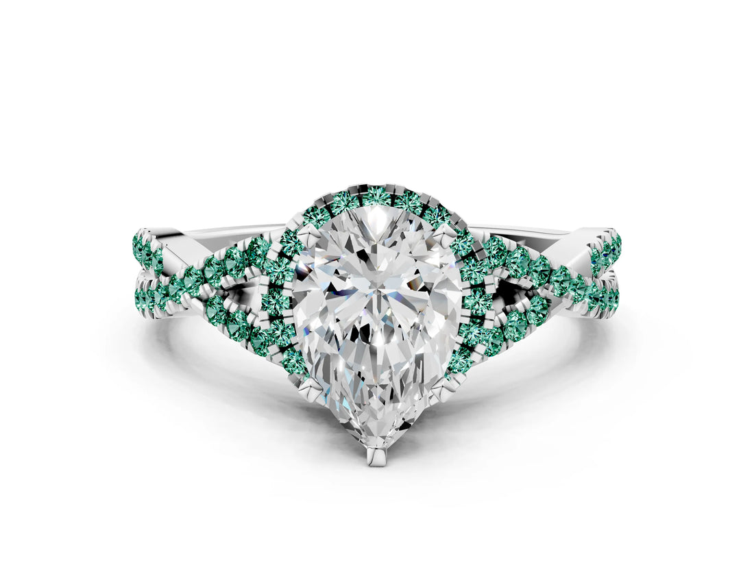 White gold Pear Cut Diamond with Green Sapphire side stone Halo Twist Band Solitaire Prong Setting Ring_12
