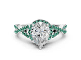 White gold Pear Cut Diamond with Green Sapphire side stone Halo Twist Band Solitaire Prong Setting Ring_12