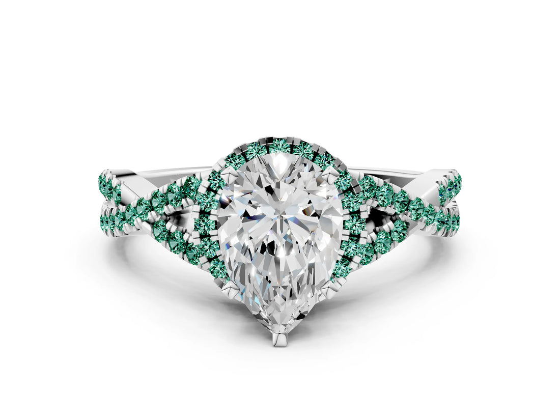 White gold Pear Cut Diamond with Green Sapphire side stone Halo Twist Band Solitaire Prong Setting Ring_24