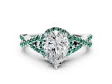 White gold Pear Cut Diamond with Green Sapphire side stone Halo Twist Band Solitaire Prong Setting Ring_24
