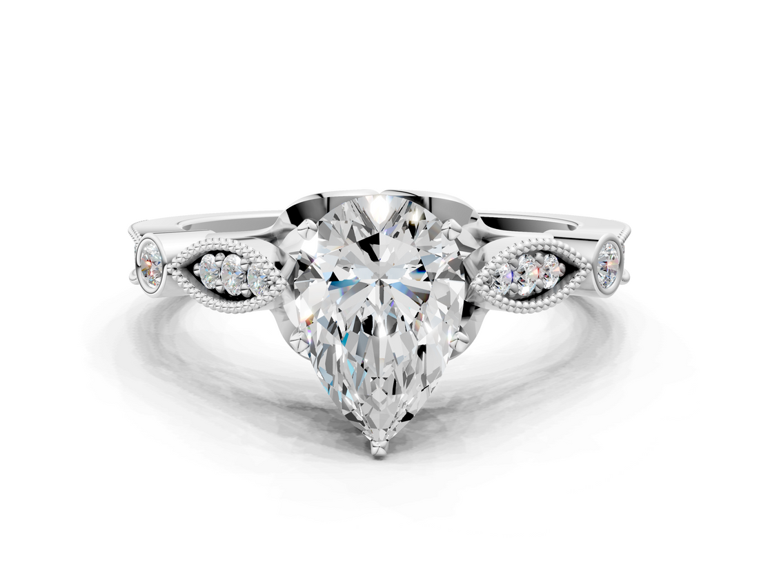 White gold Pear Cut Diamond with Milgrain Marquise and Bezel Accents on a Solitaire Band with Prong Setting_224