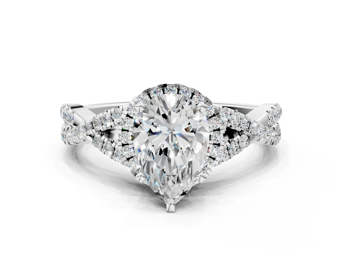 White gold Pear Cut Diamond with Moissanite side stone Halo Twist Band Solitaire Prong Setting Ring_12