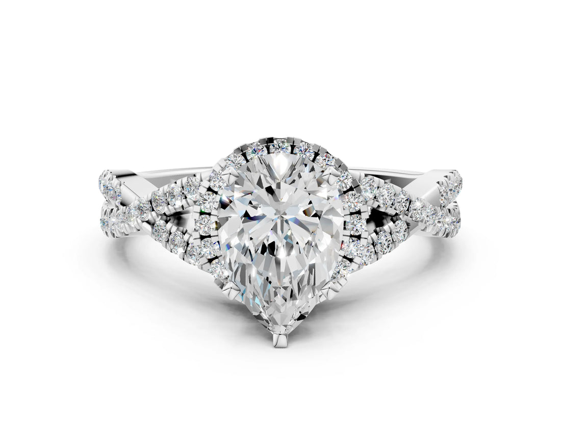 White gold Pear Cut Diamond with Moissanite side stone Halo Twist Band Solitaire Prong Setting Ring_25