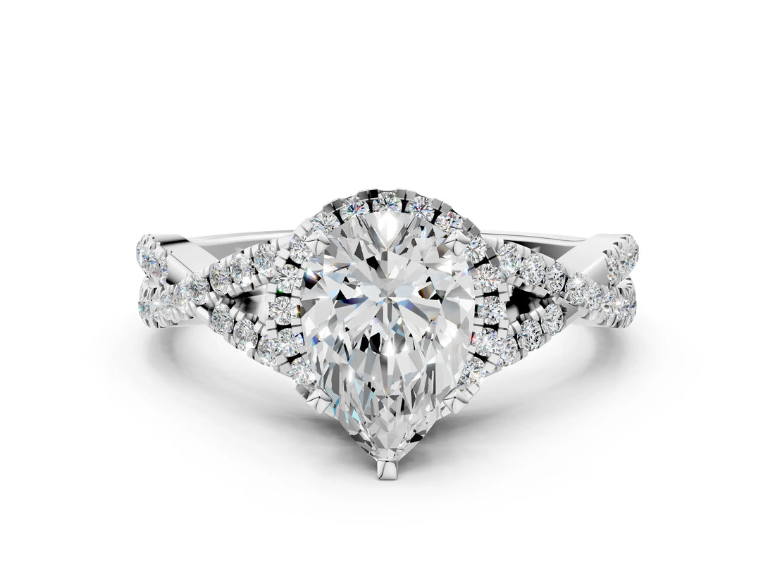 White gold Pear Cut Diamond with Moissanite side stone Halo Twist Band Solitaire Prong Setting Ring_49