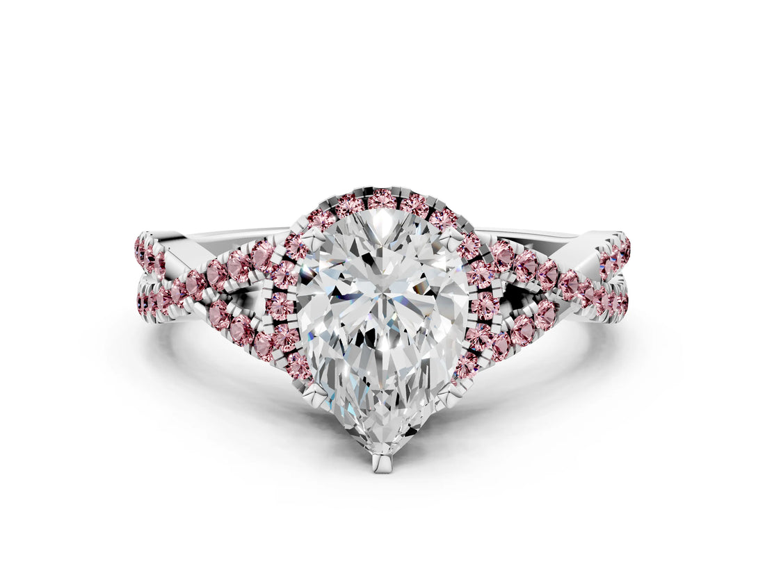 White gold Pear Cut Diamond with Morganite side stone Halo Twist Band Solitaire Prong Setting Ring_12