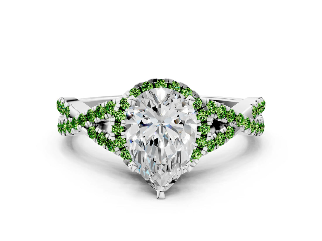 White gold Pear Cut Diamond with Peridot side stone Halo Twist Band Solitaire Prong Setting Ring_12