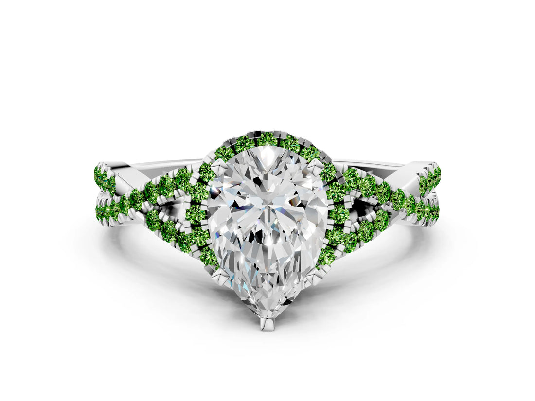 White gold Pear Cut Diamond with Peridot side stone Halo Twist Band Solitaire Prong Setting Ring_36