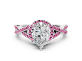 White gold Pear Cut Diamond with Pink Sapphire side stone Halo Twist Band Solitaire Prong Setting Ring_12