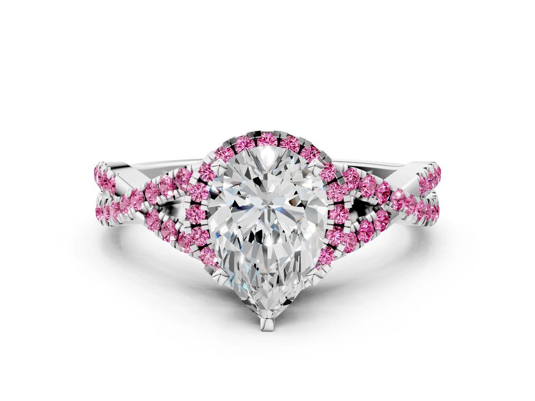 White gold Pear Cut Diamond with Pink Sapphire side stone Halo Twist Band Solitaire Prong Setting Ring_25