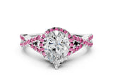 White gold Pear Cut Diamond with Pink Sapphire side stone Halo Twist Band Solitaire Prong Setting Ring_61