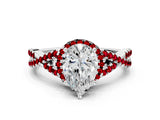 White gold Pear Cut Diamond with Ruby side stone Halo Twist Band Solitaire Prong Setting Ring_12