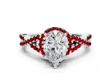 White gold Pear Cut Diamond with Ruby side stone Halo Twist Band Solitaire Prong Setting Ring_24