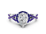 White gold Pear Cut Diamond with Tanzanite side stone Halo Twist Band Solitaire Prong Setting Ring_12