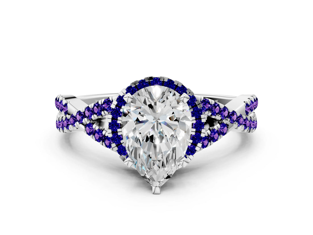 White gold Pear Cut Diamond with Tanzanite side stone Halo Twist Band Solitaire Prong Setting Ring_36