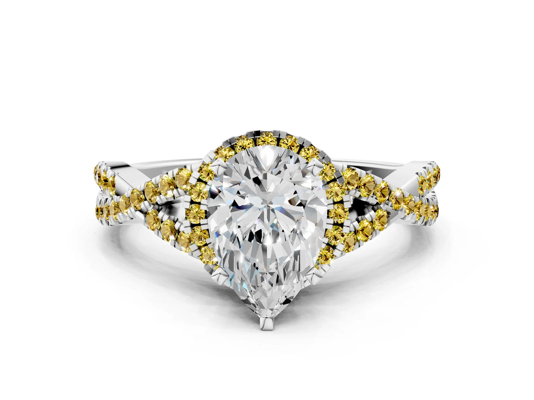 White gold Pear Cut Diamond with Yellow Sapphire side stone Halo Twist Band Solitaire Prong Setting Ring_12
