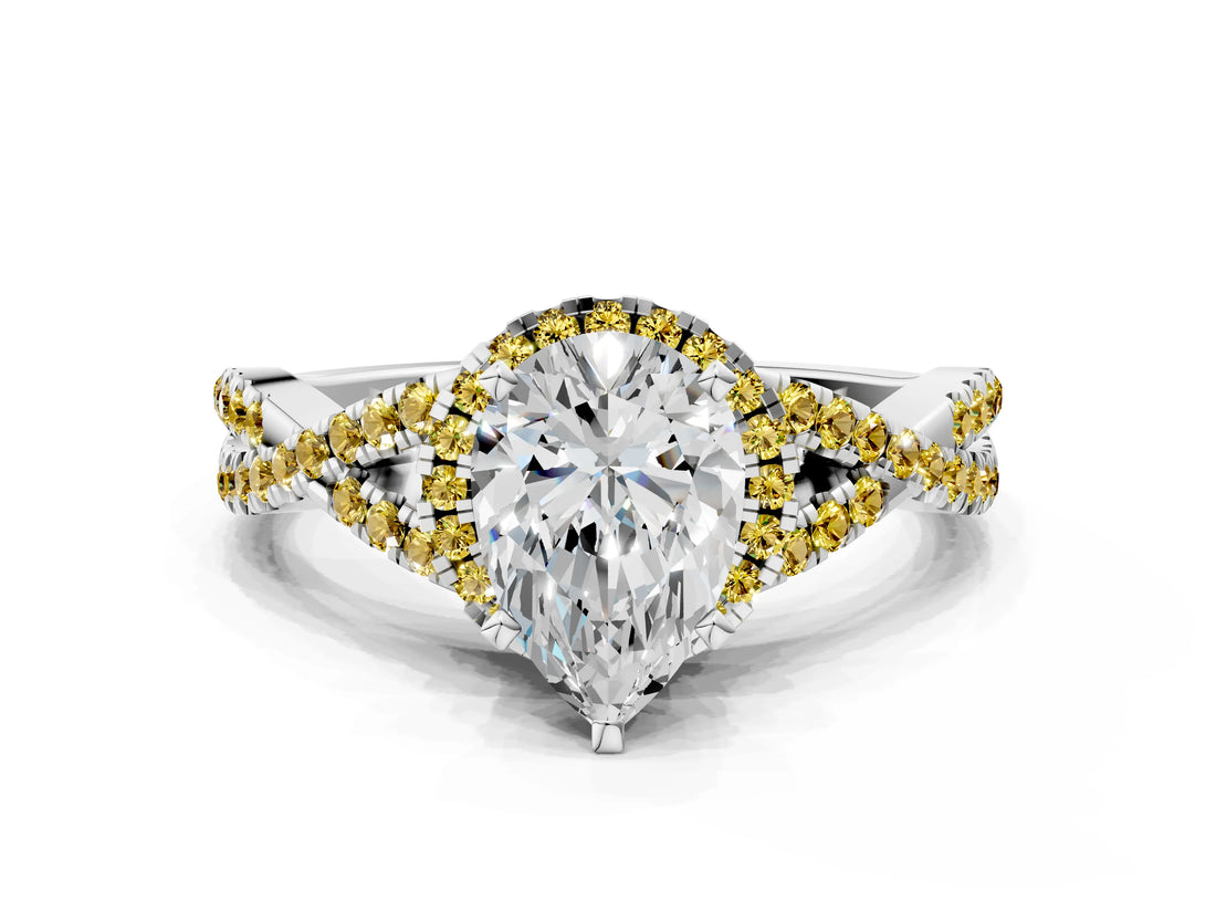 White gold Pear Cut Diamond with Yellow Sapphire side stone Halo Twist Band Solitaire Prong Setting Ring_24