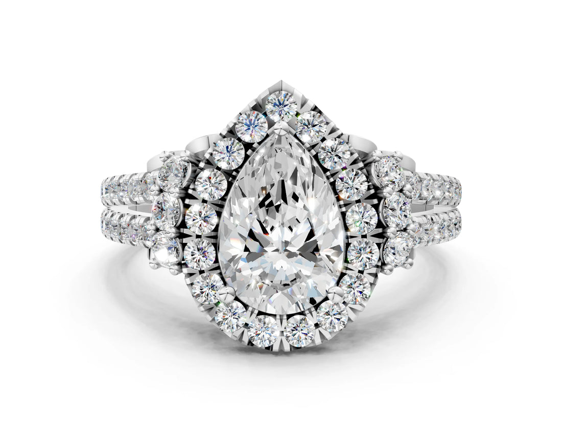 White gold Pear Cut Double Halo Diamond Engagement Ring with Pave Band and Four-Prong Setting_41