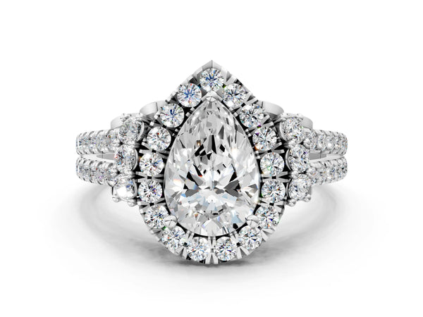 White gold Pear Cut Double Halo Diamond Engagement Ring with Pave Band and Four-Prong Setting