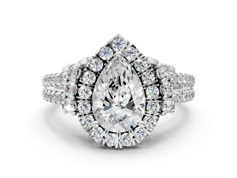 White gold Pear Cut Double Halo Diamond Engagement Ring with Pave Band and Four-Prong Setting