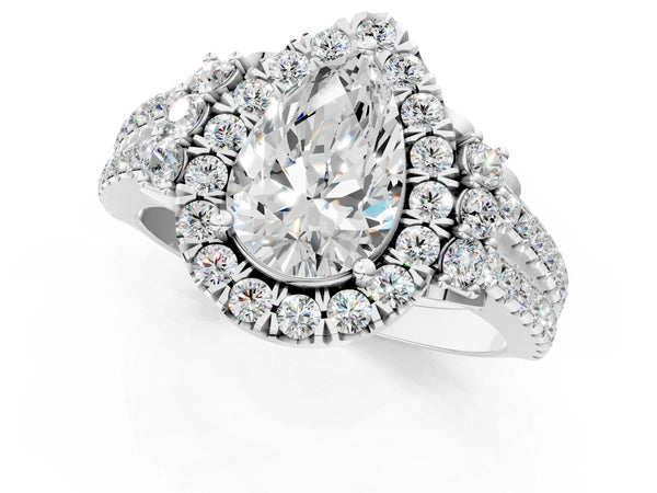White gold Pear Cut Double Halo Diamond Engagement Ring with Pave Band and Four-Prong Setting