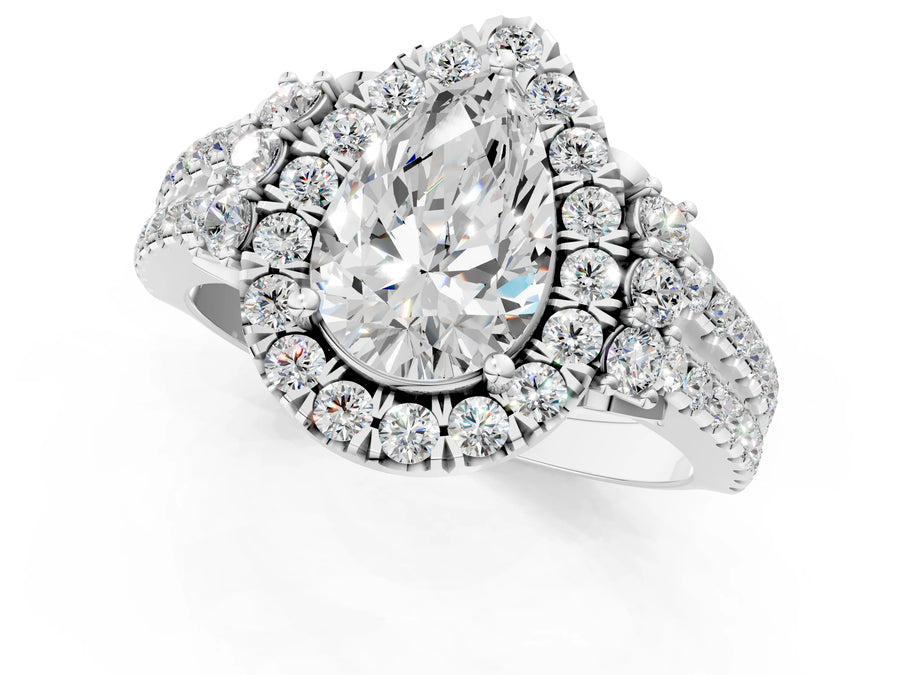 White gold Pear Cut Double Halo Diamond Engagement Ring with Pave Band and Four-Prong Setting