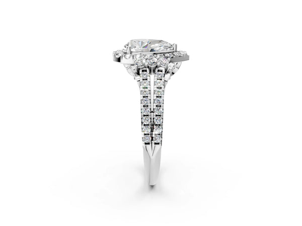 White gold Pear Cut Double Halo Diamond Engagement Ring with Pave Band and Four-Prong Setting