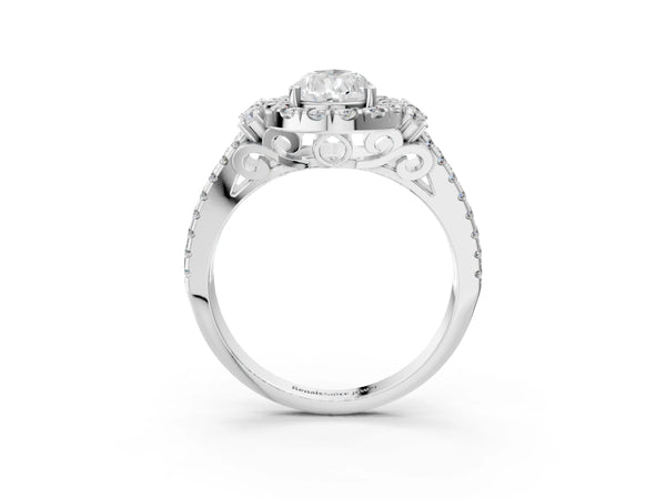White gold Pear Cut Double Halo Diamond Engagement Ring with Pave Band and Four-Prong Setting