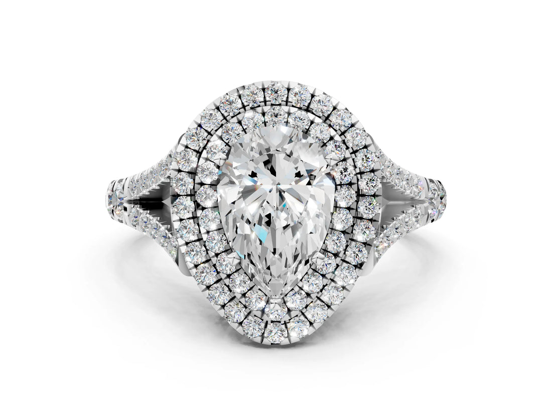 White gold Pear Cut Double Halo Split Shank Diamond Ring with Prong Setting_49