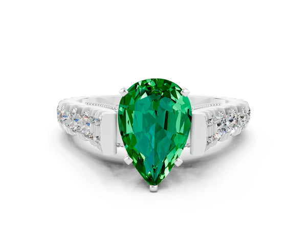Platinum Pear Cut Emerald Classic Solitaire Ring with Pavé Band and Four-Prong Setting