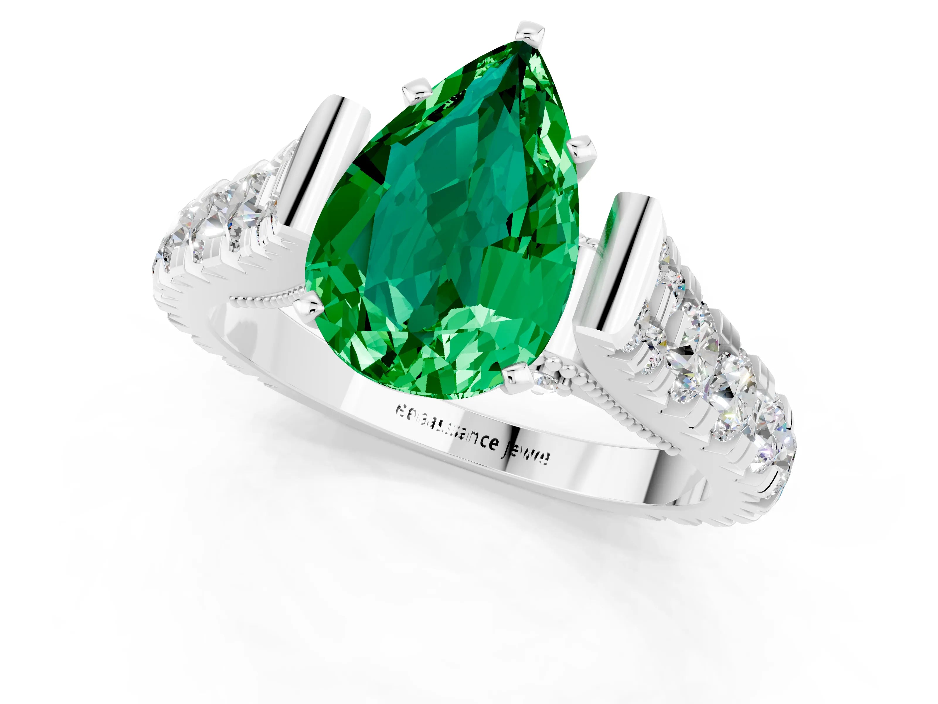 White gold Pear Cut Emerald Classic Solitaire Ring with Pavé Band and Four-Prong Setting_1