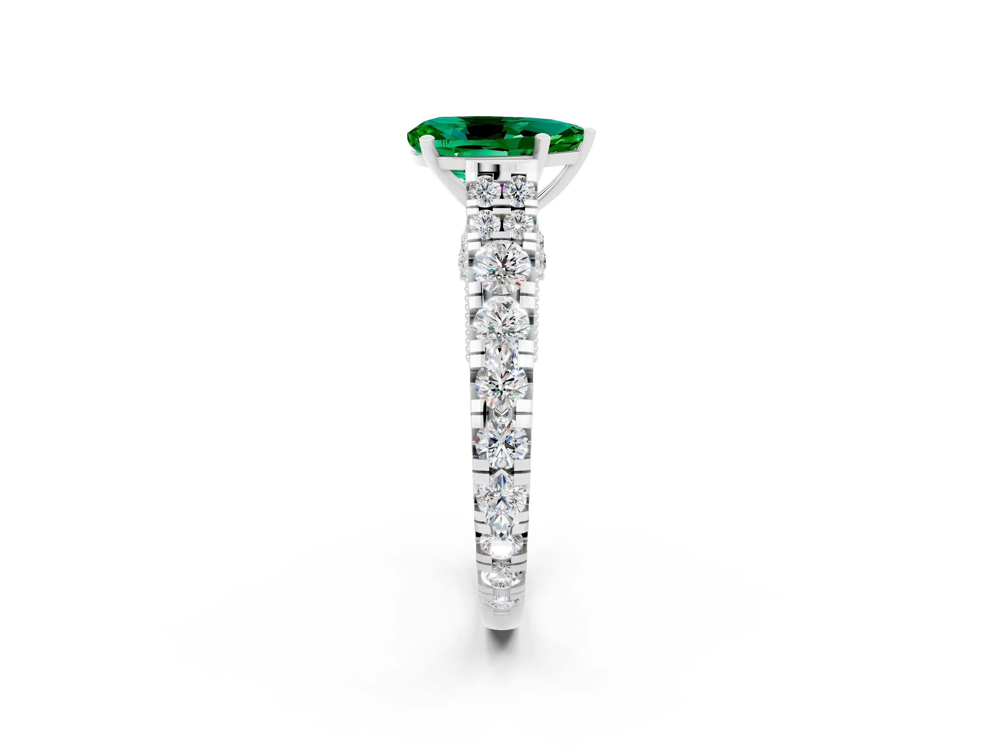 White gold Pear Cut Emerald Classic Solitaire Ring with Pavé Band and Four-Prong Setting_2