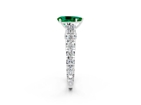 White gold Pear Cut Emerald Classic Solitaire Ring with Pavé Band and Four-Prong Setting_2