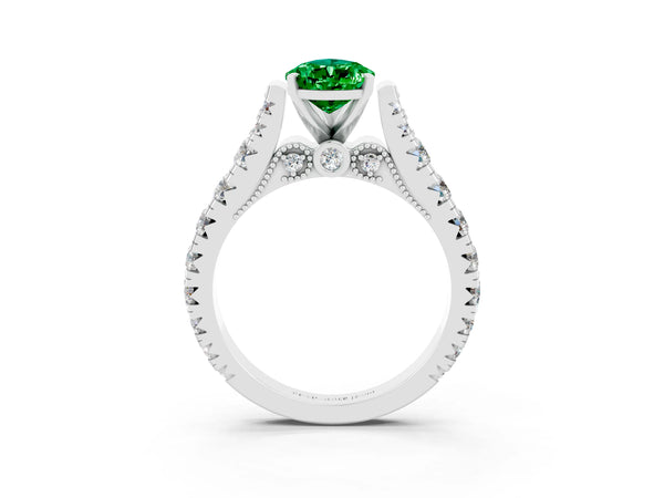 Platinum Pear Cut Emerald Classic Solitaire Ring with Pavé Band and Four-Prong Setting