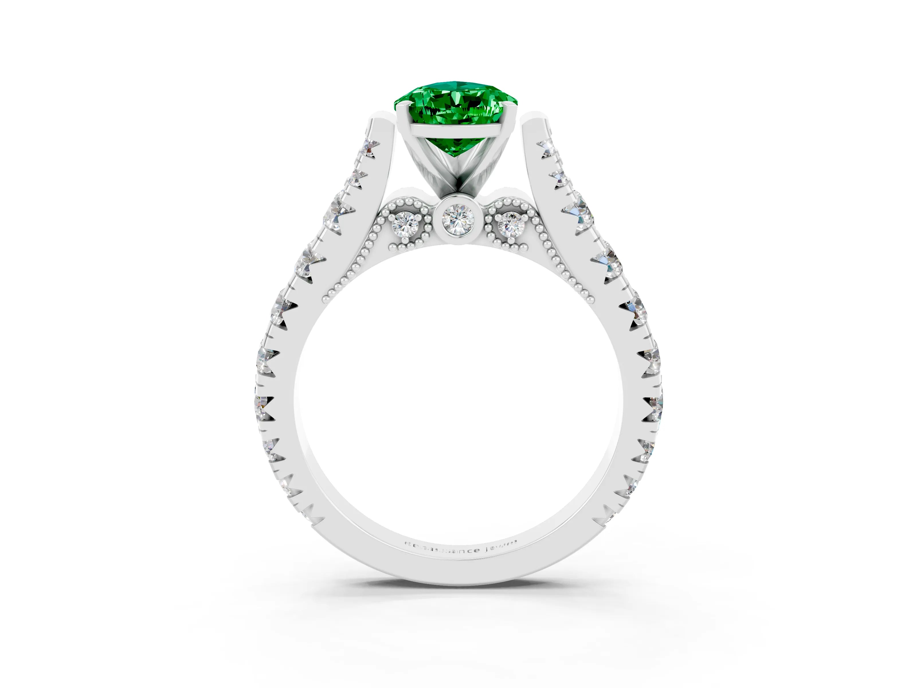 White gold Pear Cut Emerald Classic Solitaire Ring with Pavé Band and Four-Prong Setting_3