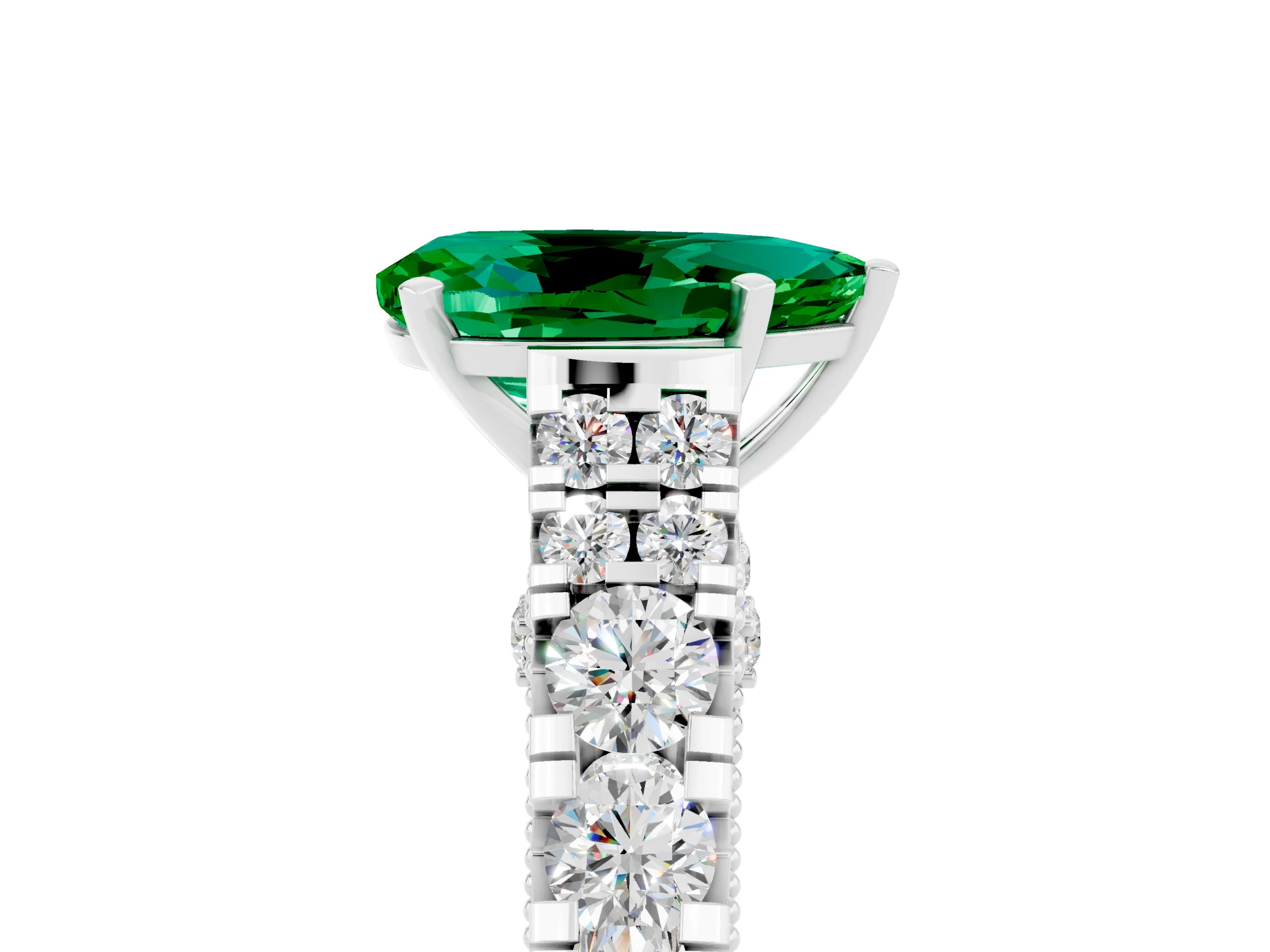 White gold Pear Cut Emerald Classic Solitaire Ring with Pavé Band and Four-Prong Setting_5