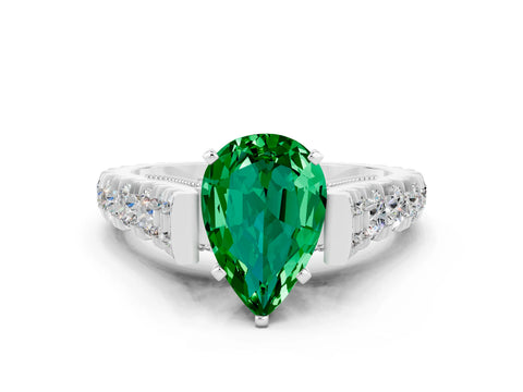 White gold Pear Cut Emerald Classic Solitaire Ring with Pavé Band and Four-Prong Setting
