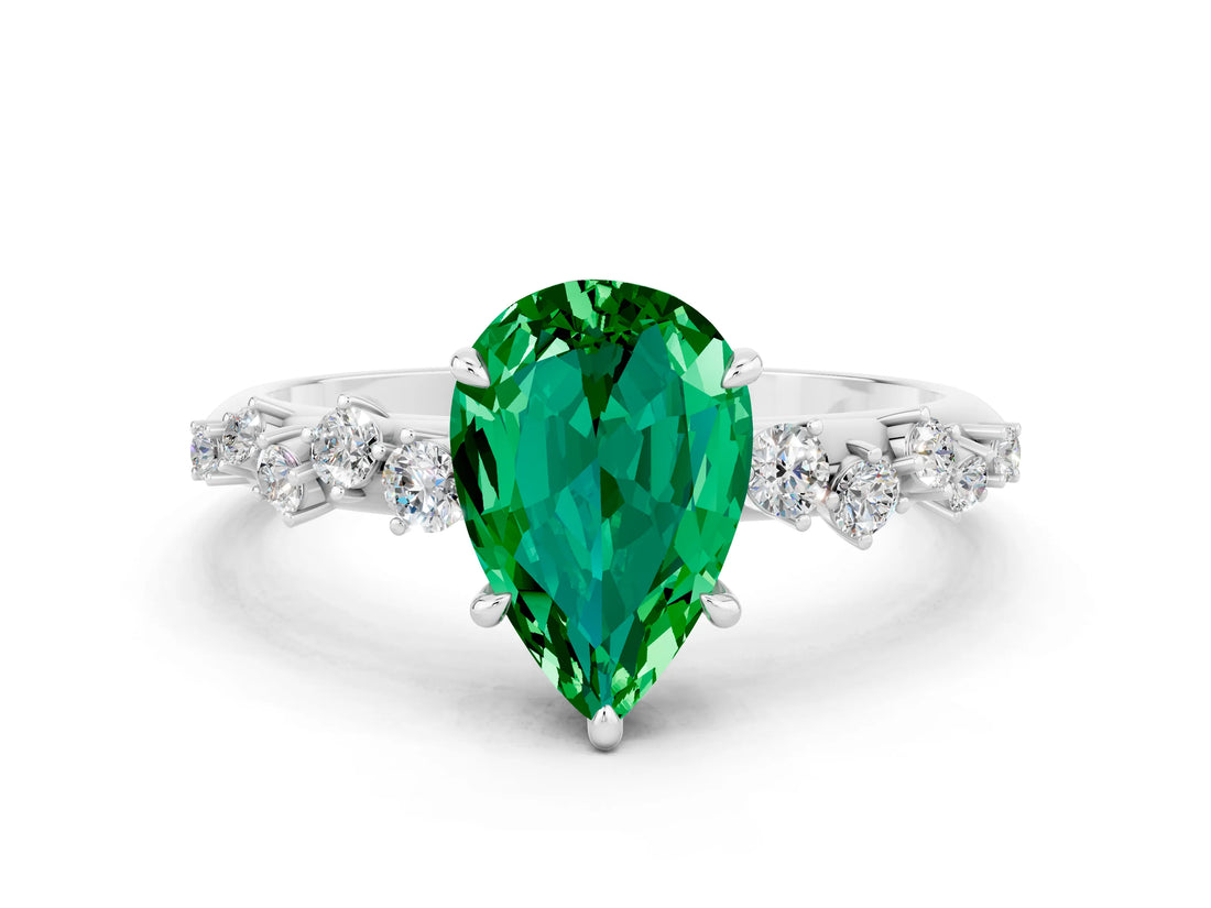 White gold Pear Cut Emerald Cluster Side Stone Solitaire Ring with Prong Setting_24