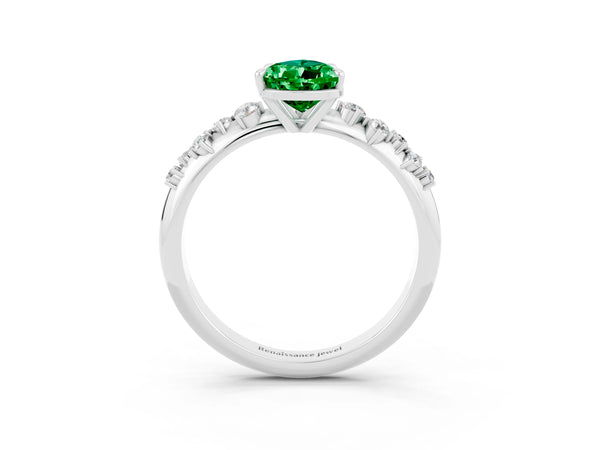 Silver Pear Cut Emerald Cluster Side Stone Solitaire Ring with Prong Setting