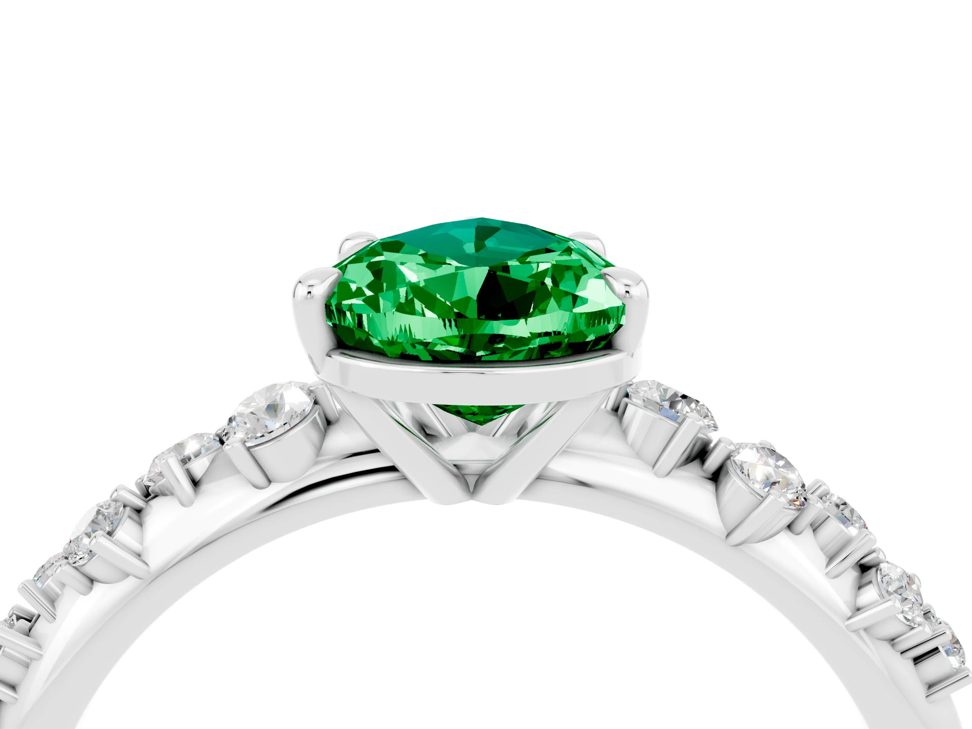 White gold Pear Cut Emerald Cluster Side Stone Solitaire Ring with Prong Setting_28