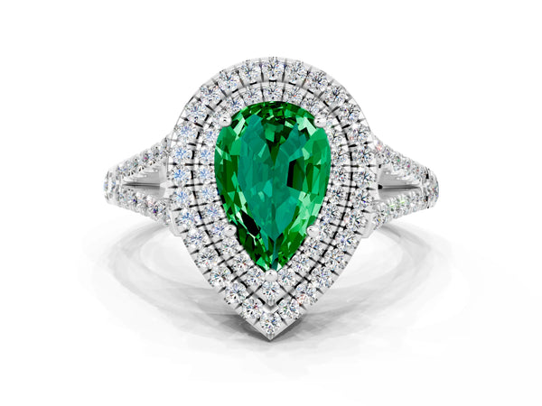 Platinum Pear Cut Emerald Double Halo Ring with Pavé Band and Prong Setting