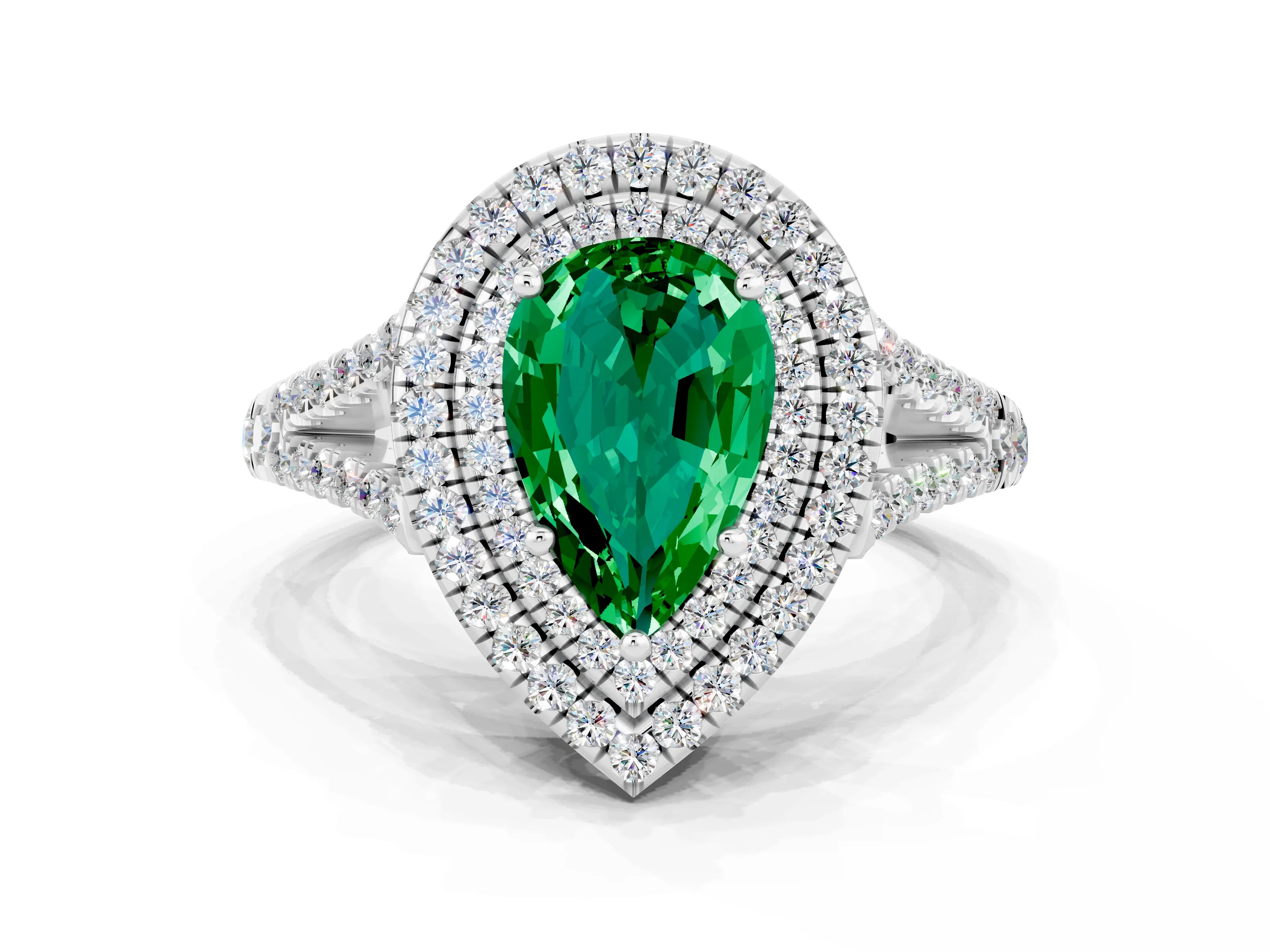 White gold Pear Cut Emerald Double Halo Ring with Pavé Band and Prong Setting_12