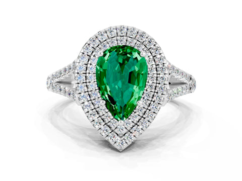 White gold Pear Cut Emerald Double Halo Ring with Pavé Band and Prong Setting_12