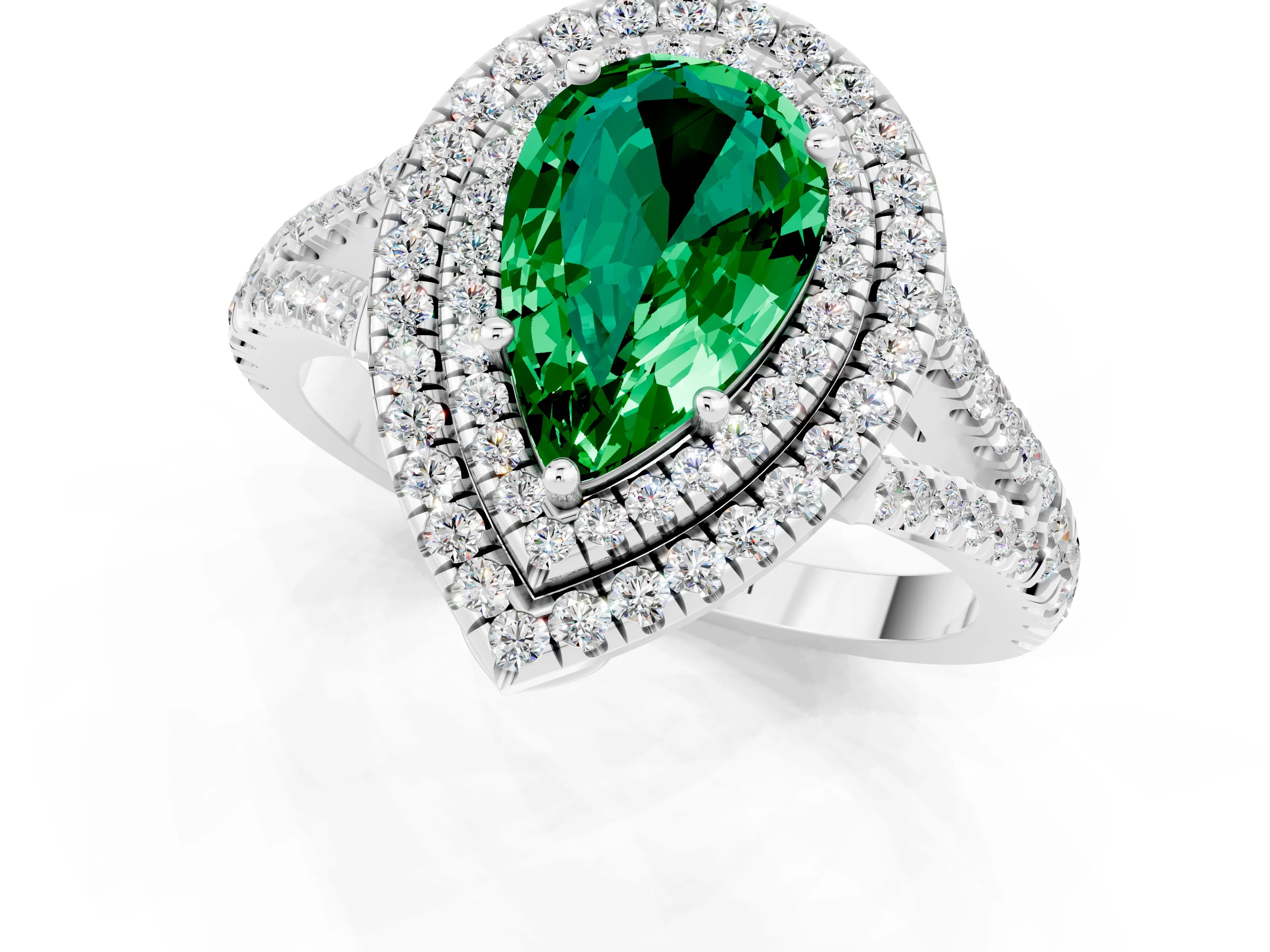 White gold Pear Cut Emerald Double Halo Ring with Pavé Band and Prong Setting_13