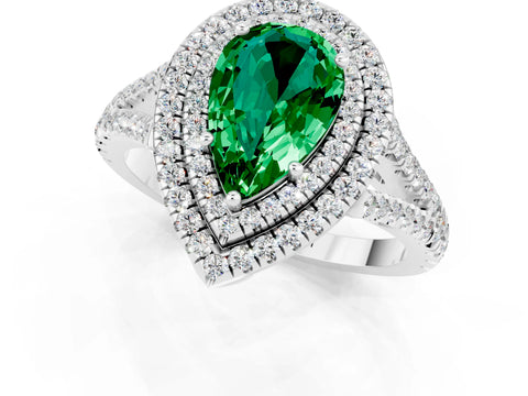 White gold Pear Cut Emerald Double Halo Ring with Pavé Band and Prong Setting_13