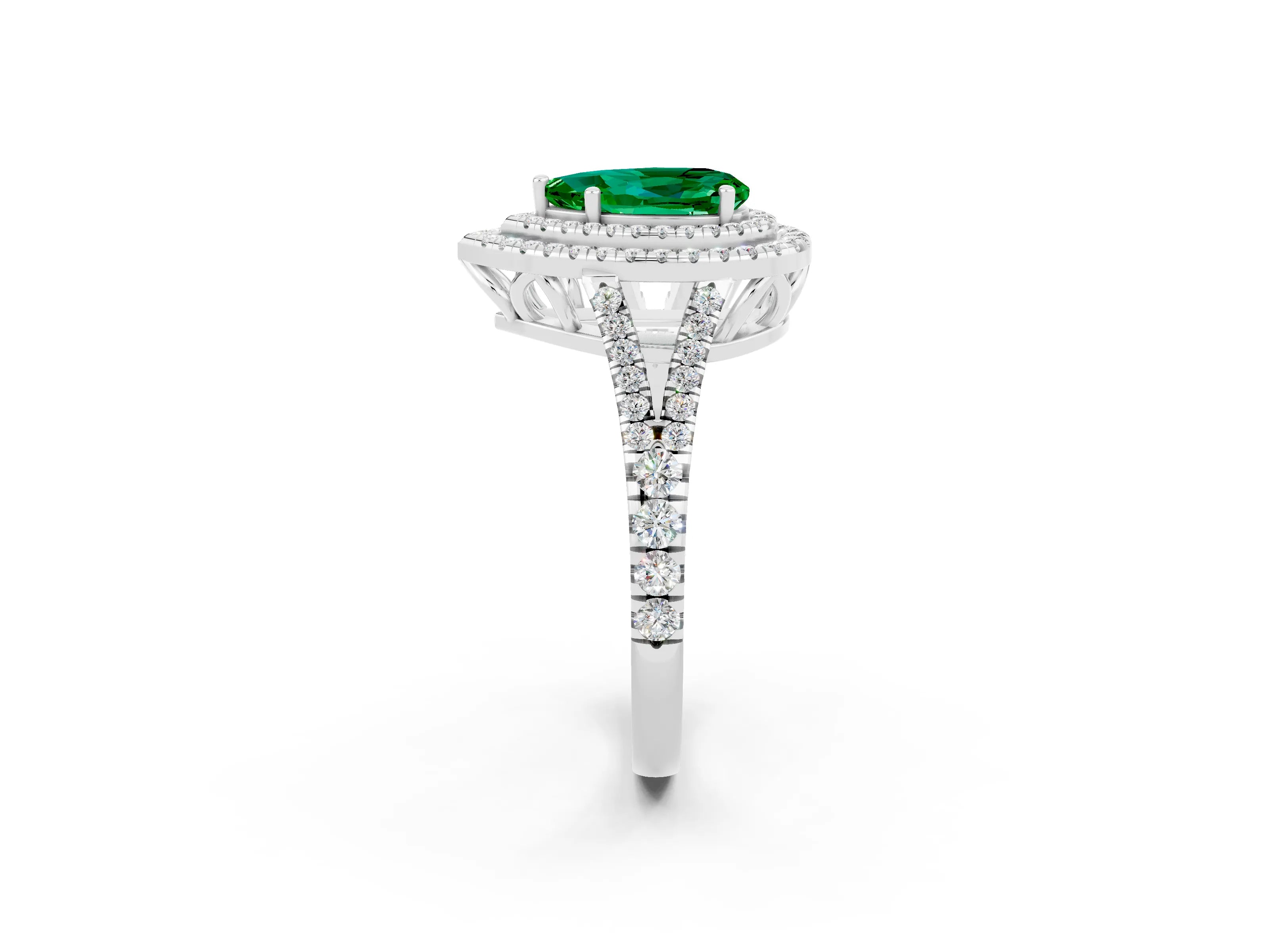White gold Pear Cut Emerald Double Halo Ring with Pavé Band and Prong Setting_14