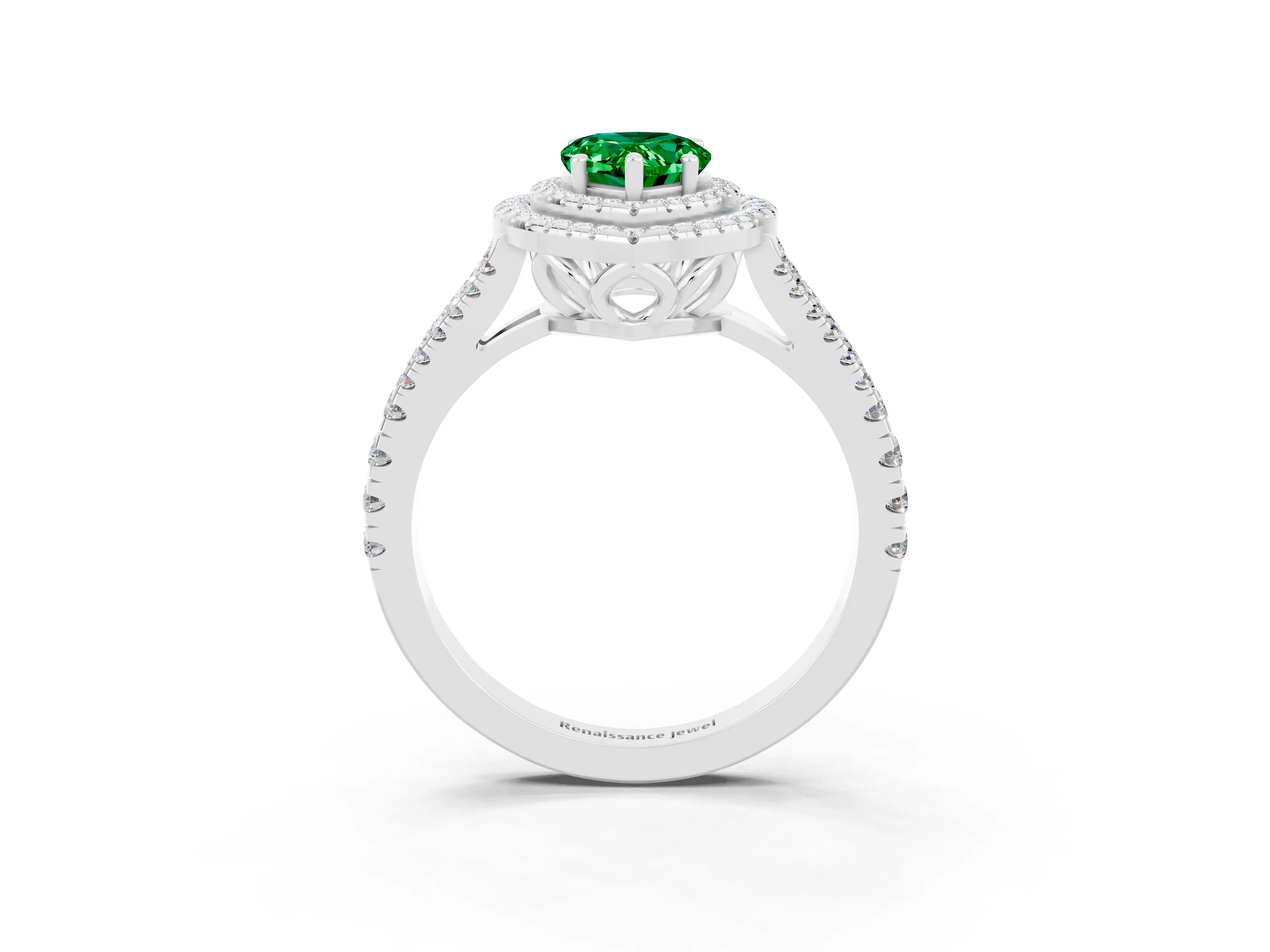 White gold Pear Cut Emerald Double Halo Ring with Pavé Band and Prong Setting_15